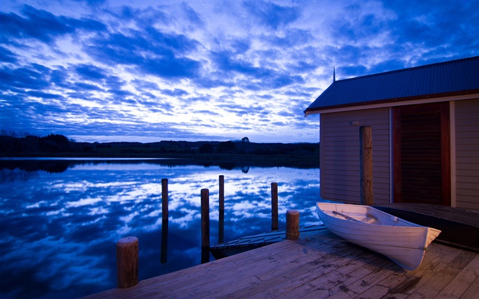 船塢，河，雲，黃昏，新西蘭 桌布 圖片