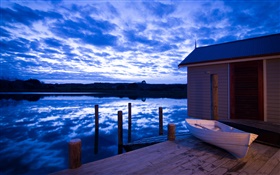 船塢，河，雲，黃昏，新西蘭 高清桌布
