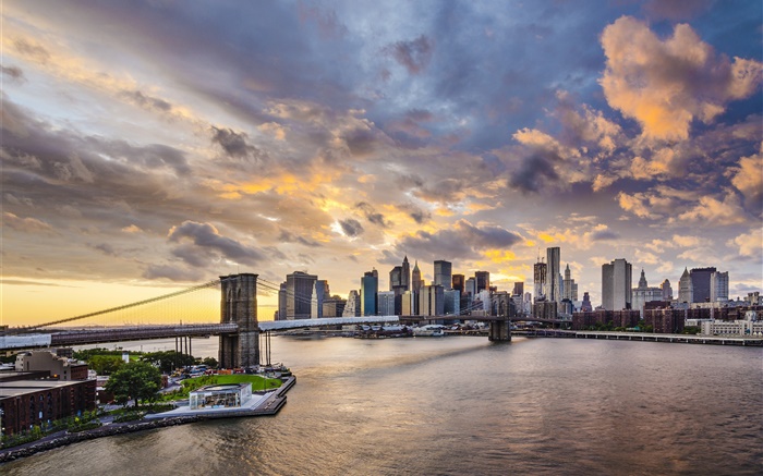 布魯克林大橋，紐約，曼哈頓，美國，摩天大樓，黃昏 桌布 圖片