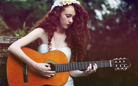 棕色頭髮的音樂女孩，吉他 高清桌布