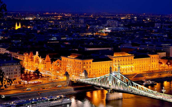 匈牙利布達佩斯，多瑙河，橋樑，建築，晚上，燈 桌布 圖片