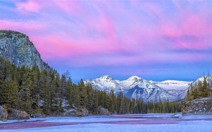加拿大國家公園，河，山，樹，雲，冬天 桌布 圖片