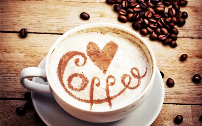 卡布奇諾咖啡，愛的心，咖啡豆 桌布 圖片