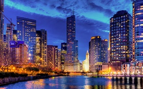 芝加哥，伊利諾伊州，美國，摩天大樓，河，燈，晚上