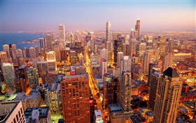 芝加哥城市，美國，黎明，摩天大樓 高清桌布