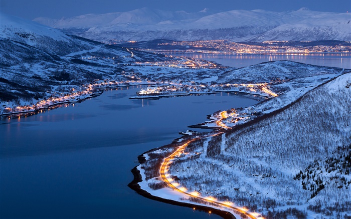 城市之光，雪，冬天，晚上，挪威特羅姆瑟 桌布 圖片