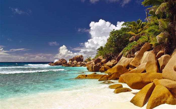 海岸，沙灘，石頭，海，雲，塞舌爾島 桌布 圖片