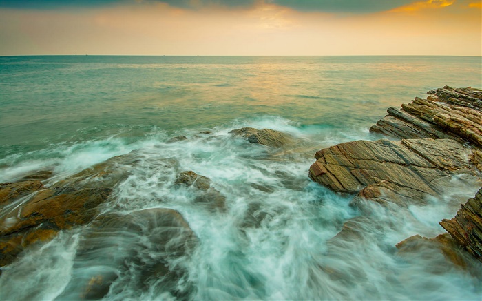 海岸，海，石，流，黃昏 桌布 圖片