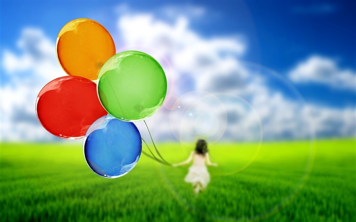 五顏六色的氣球，可愛的女孩，草，綠色，天空 桌布 圖片