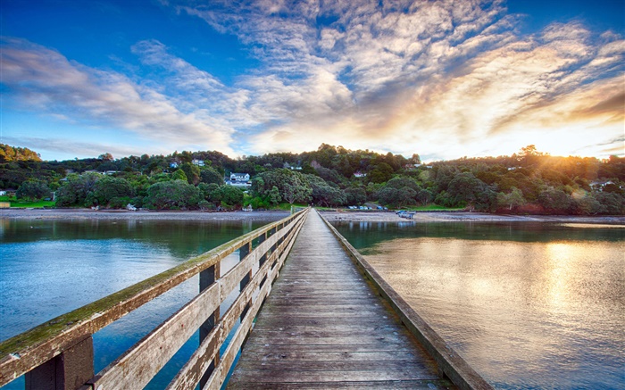 康沃利斯碼頭，木橋，日落，曼努考海港，新西蘭 桌布 圖片