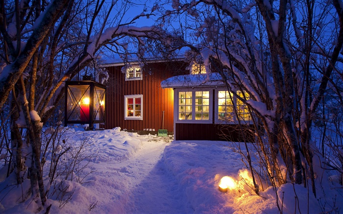 鄉村山寨，白雪覆蓋的樹木，瑞典，夜，燈 桌布 圖片