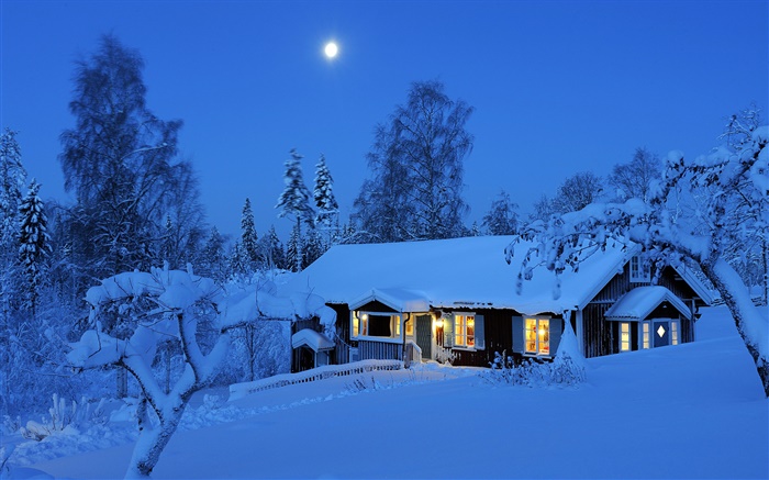 鄉間別墅，夜晚，冬天，雪，月，達拉納，瑞典 桌布 圖片