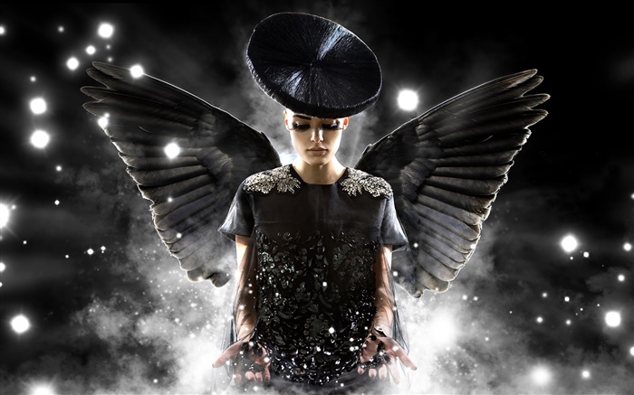 創意設計，天使女孩，黑色的翅膀 桌布 圖片