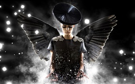 創意設計，天使女孩，黑色的翅膀 高清桌布