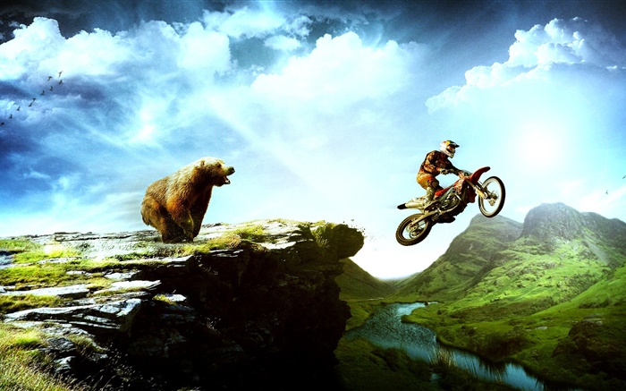 創意圖片，熊追逐摩托車 桌布 圖片