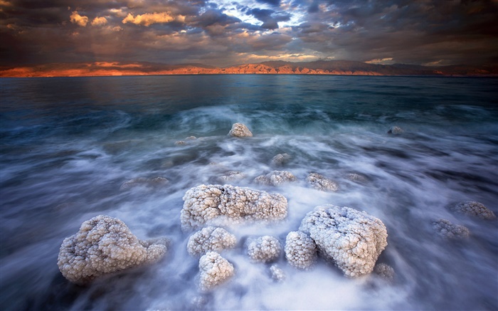 死海，鹽，雲，黃昏 桌布 圖片