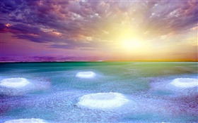 死海，日落，鹽，雲