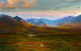 迪納利國家公園，阿拉斯加，美國，美麗的風景，丘陵，河流 高清桌布