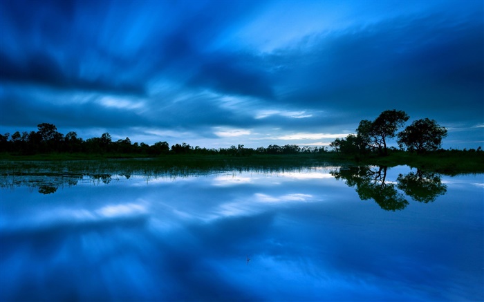 黃昏，湖泊，樹木，藍天，水中的倒影 桌布 圖片