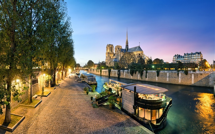 法國，巴黎聖母院，河，船，晚上，燈 桌布 圖片