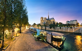 法國，巴黎聖母院，河，船，晚上，燈 高清桌布