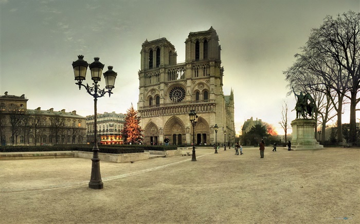 法國，巴黎聖母院，街道，人，黃昏 桌布 圖片