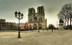 法國，巴黎聖母院，街道，人，黃昏 高清桌布