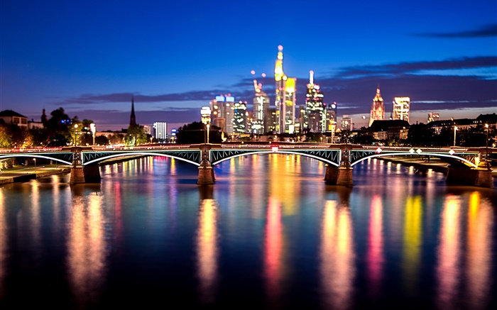 法蘭克福，美因河，德國，城市，橋，燈，晚上 桌布 圖片