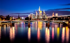 法蘭克福，美因河，德國，城市，橋，燈，晚上 高清桌布