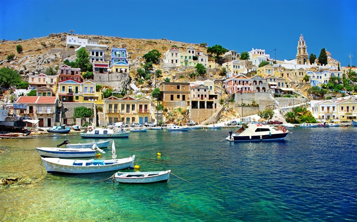 希臘，房子，海岸，海，船 桌布 圖片