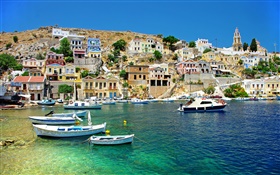 希臘，房子，海岸，海，船 高清桌布