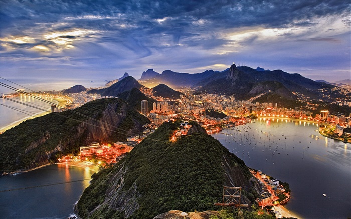 瓜納巴拉灣，城市，海岸，晚上，燈，里約熱內盧，巴西 桌布 圖片