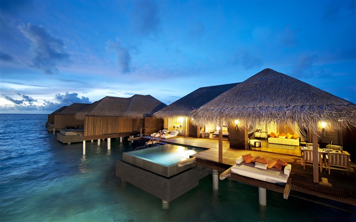 酒店，馬爾代夫，印度洋，晚上，燈 桌布 圖片
