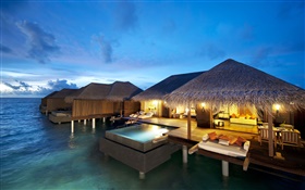 酒店，馬爾代夫，印度洋，晚上，燈 高清桌布