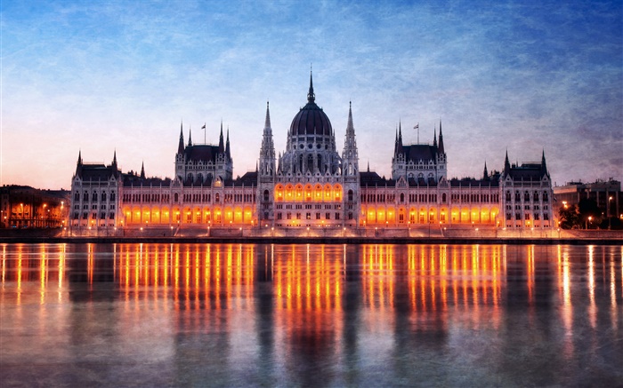 匈牙利，布達佩斯，議會大廈，晚上，燈，多瑙河，反射 桌布 圖片