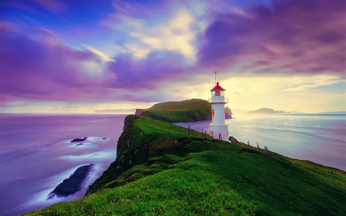 冰島，法羅群島，燈塔，海岸，黃昏，紫色的天空 桌布 圖片