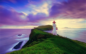 冰島，法羅群島，燈塔，海岸，黃昏，紫色的天空 高清桌布