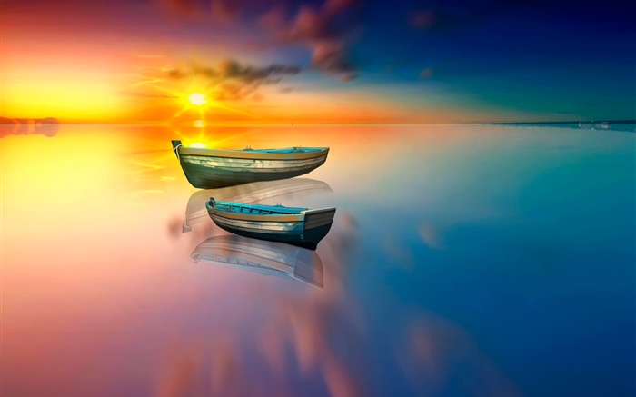 湖，船，水中的倒影，夕陽 桌布 圖片
