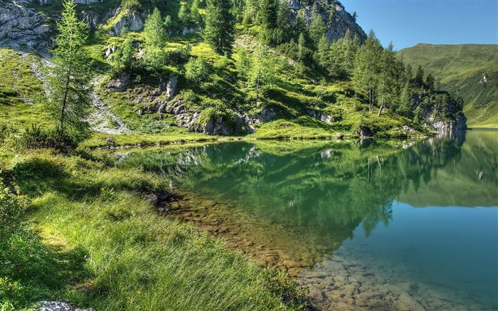 湖，山，樹，草，水中的倒影 桌布 圖片