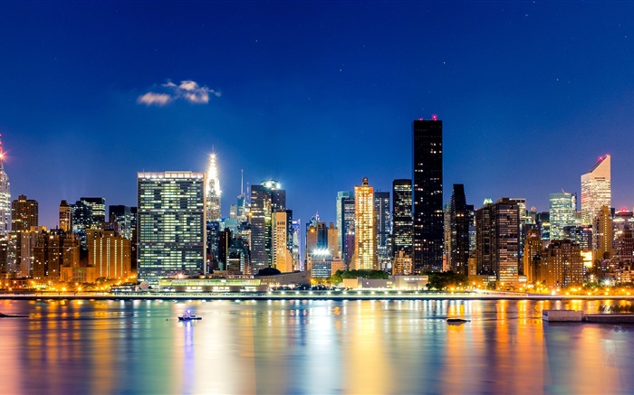 紐約，曼哈頓，美國，夜，摩天大樓，燈，海 桌布 圖片