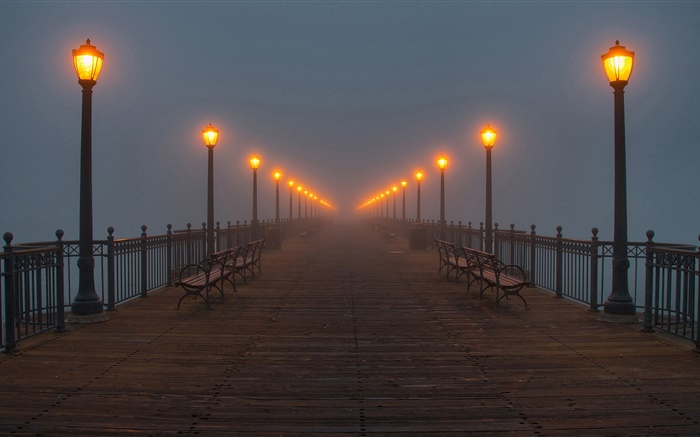 晚上，橋樑，碼頭，燈，霧 桌布 圖片