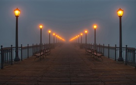 晚上，橋樑，碼頭，燈，霧