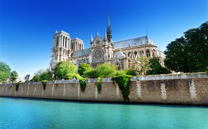 巴黎聖母院，法國，蔚藍的天空，河流 桌布 圖片