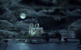 巴黎聖母院，法國，晚上，河，月亮