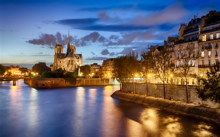 巴黎聖母院，法國，河流，樹木，房子，晚上，燈 桌布 圖片