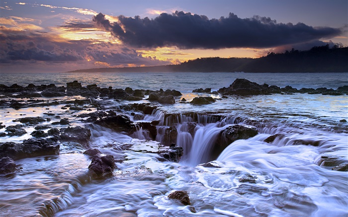 海洋，回流，日落，考艾島，夏威夷，美國 桌布 圖片