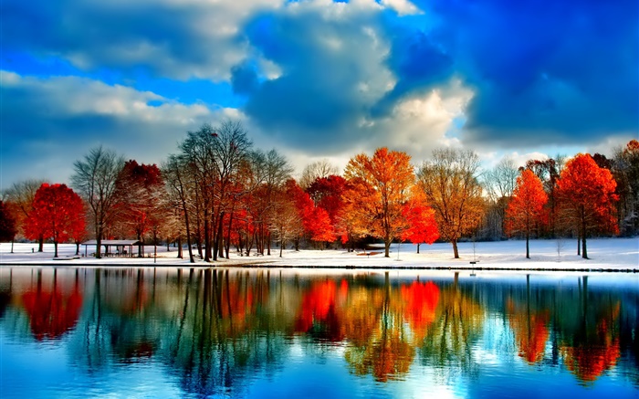 河，綠樹成蔭，秋，雲，雪，藍天 桌布 圖片