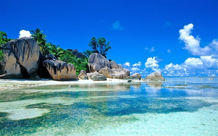塞舌爾島，風景秀麗，海，石，雲，海灘 桌布 圖片