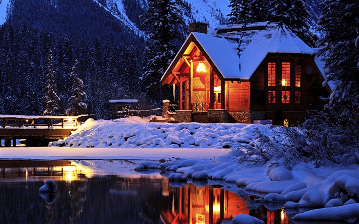 雪，晚上，小屋，翡翠湖，優鶴國家公園，加拿大 桌布 圖片