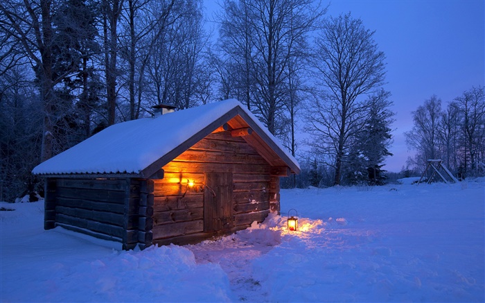 雪，木屋，光禿禿的樹木，冬天的夜晚，瑞典 桌布 圖片